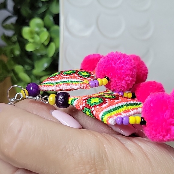 Hmong Tribe Embroidered Dangle Pom Pom Drop Earrings - Picture 7 of 7